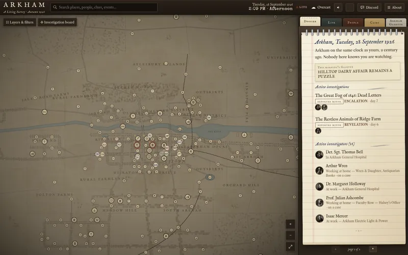 The live Arkham map on 28 September 1926 (Arkham time): lamplit investigator markers, the Dossier notebook with active investigations and this morning's Gazette headline